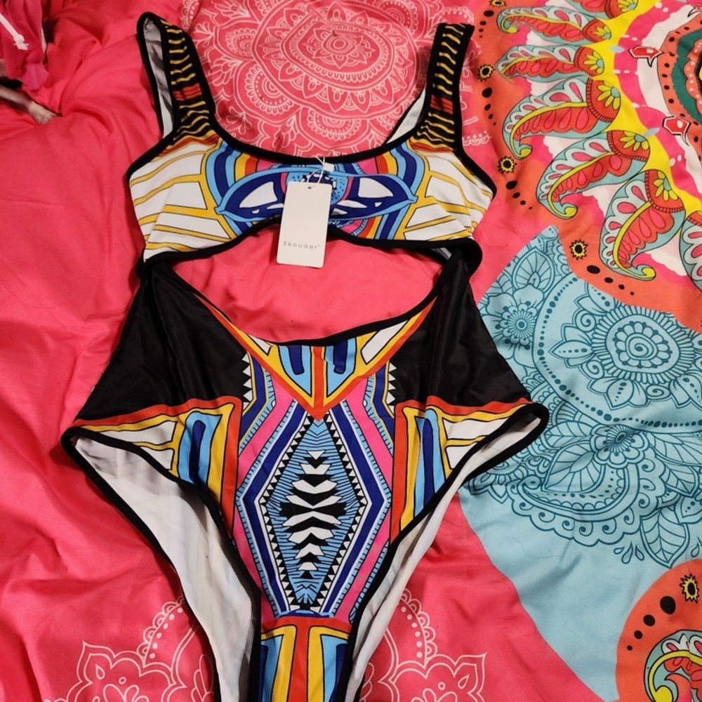 Red and Blue One Piece Swimwear with Trendy Cutouts